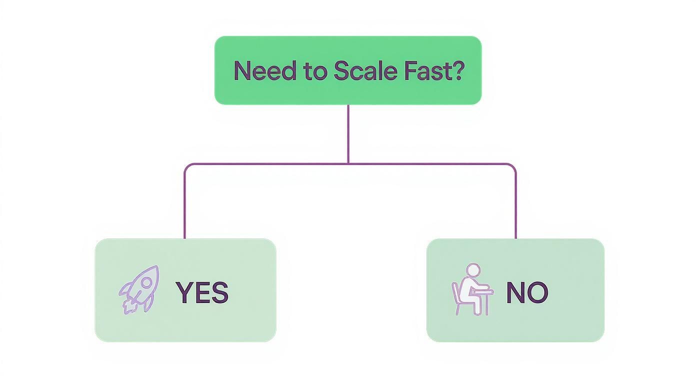 A simple flowchart asks 'Need to Scale Fast?' presenting two options: 'YES' with a rocket icon, and 'NO' with a person working at a desk icon.