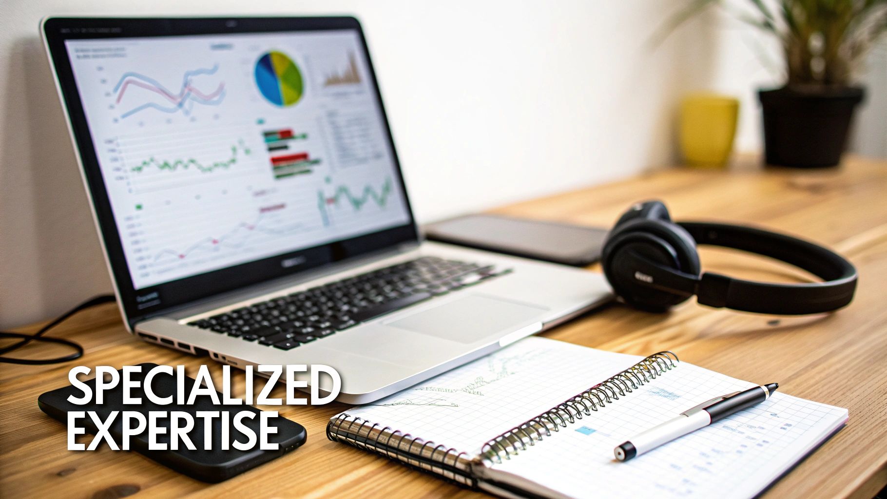A laptop displaying data analytics charts on a wooden desk with a notebook, pen, and headphones.