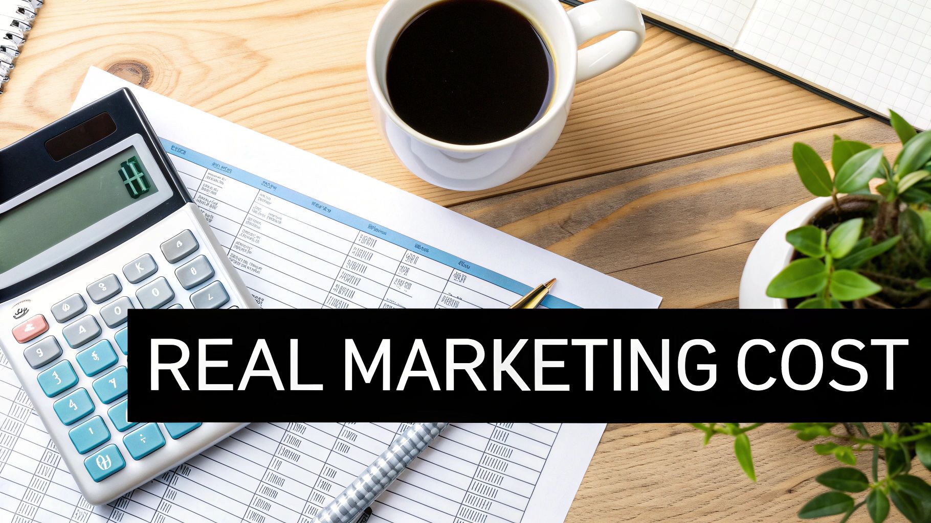 Overhead shot of a wooden desk with a calculator, financial documents, coffee, and a plant, featuring text 'REAL MARKETING COST'.