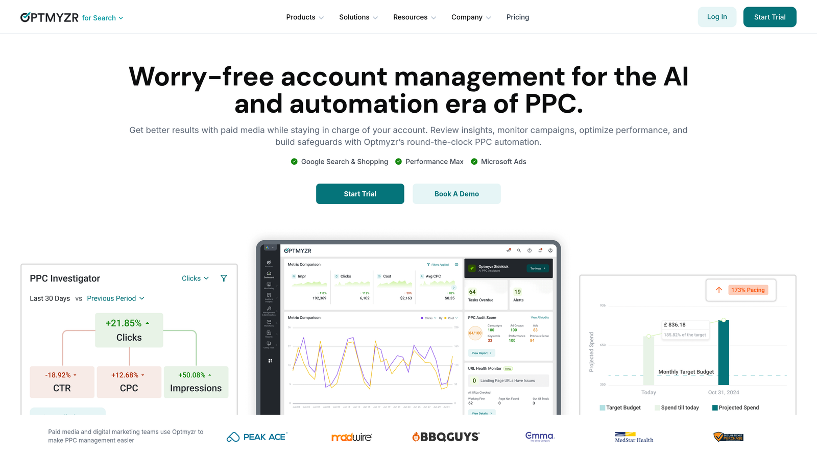 Screenshot of Optmyzr website homepage