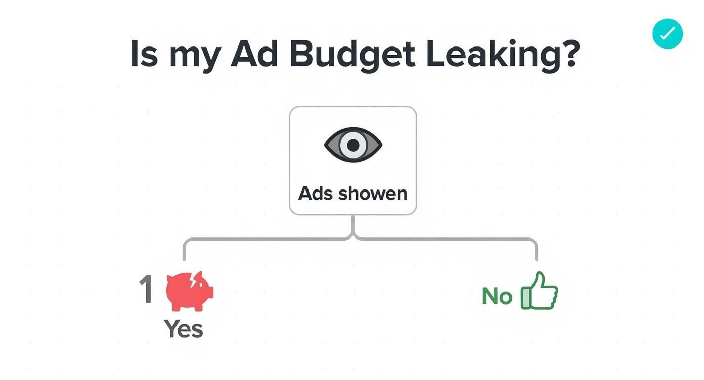 Flowchart visualizes 'Is my Ad Budget Leaking?' based on 'Ads shown', resulting in 'Yes' (broken piggy bank) or 'No'.