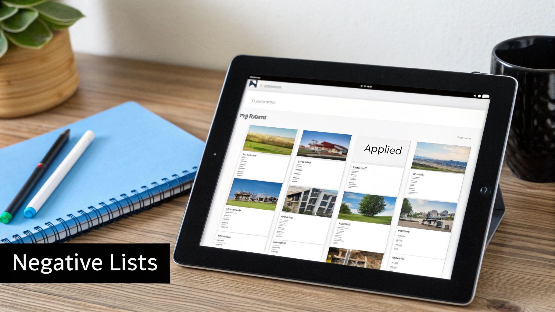 A tablet displaying property listings, a notebook, pens, and a plant on a wooden desk with "Negative Lists" text.