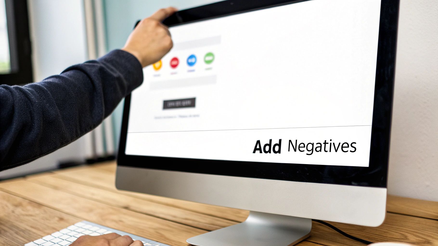 A person's hand touches a computer monitor displaying the words 'Add Negatives' on screen.
