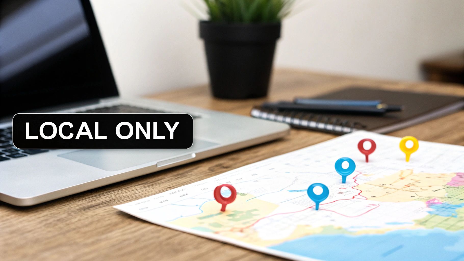 Laptop, map with colorful location pins on a wooden desk, with a 'LOCAL ONLY' sign.