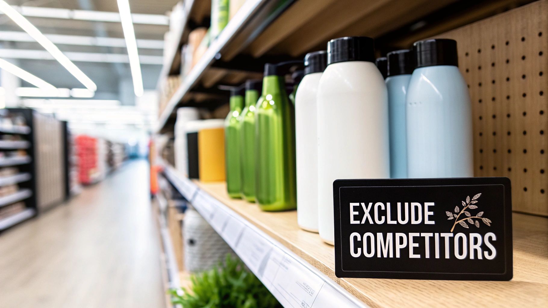 Black sign 'EXCLUDE COMPETITORS' on a retail shelf with white, green, and blue product bottles.