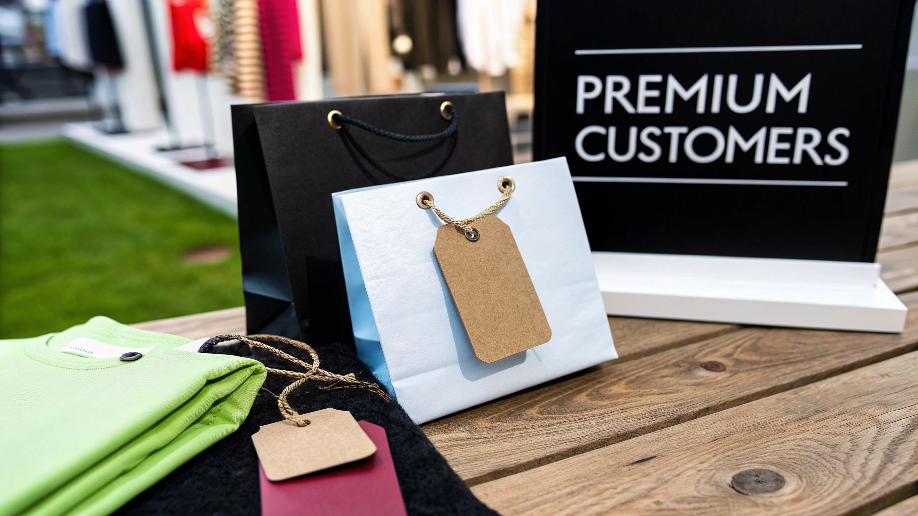 Two shopping bags, folded green clothing, and a 'Premium Customers' sign on a rustic wooden table.