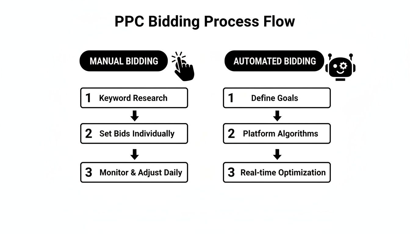 PPC Bidding Process Flow diagram comparing manual and automated strategies with their respective steps.