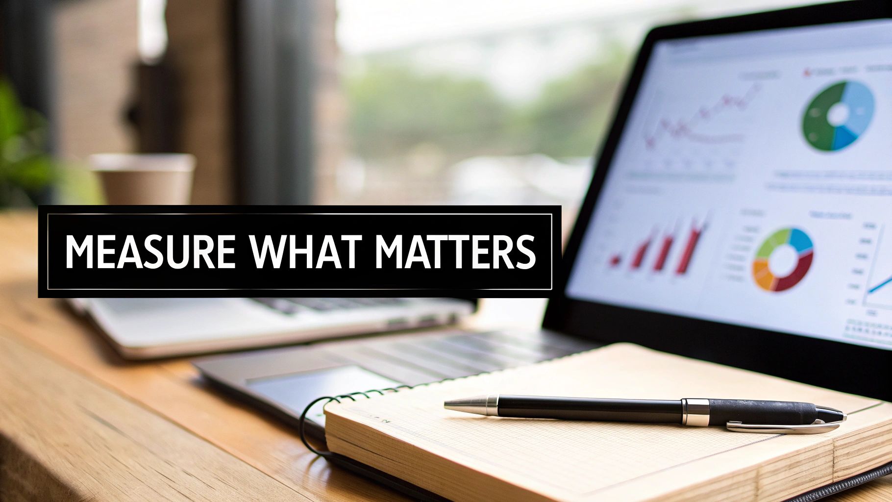 A desk with a laptop displaying financial charts, a notebook, pen, and coffee, with text 'MEASURE WHAT MATTERS'.