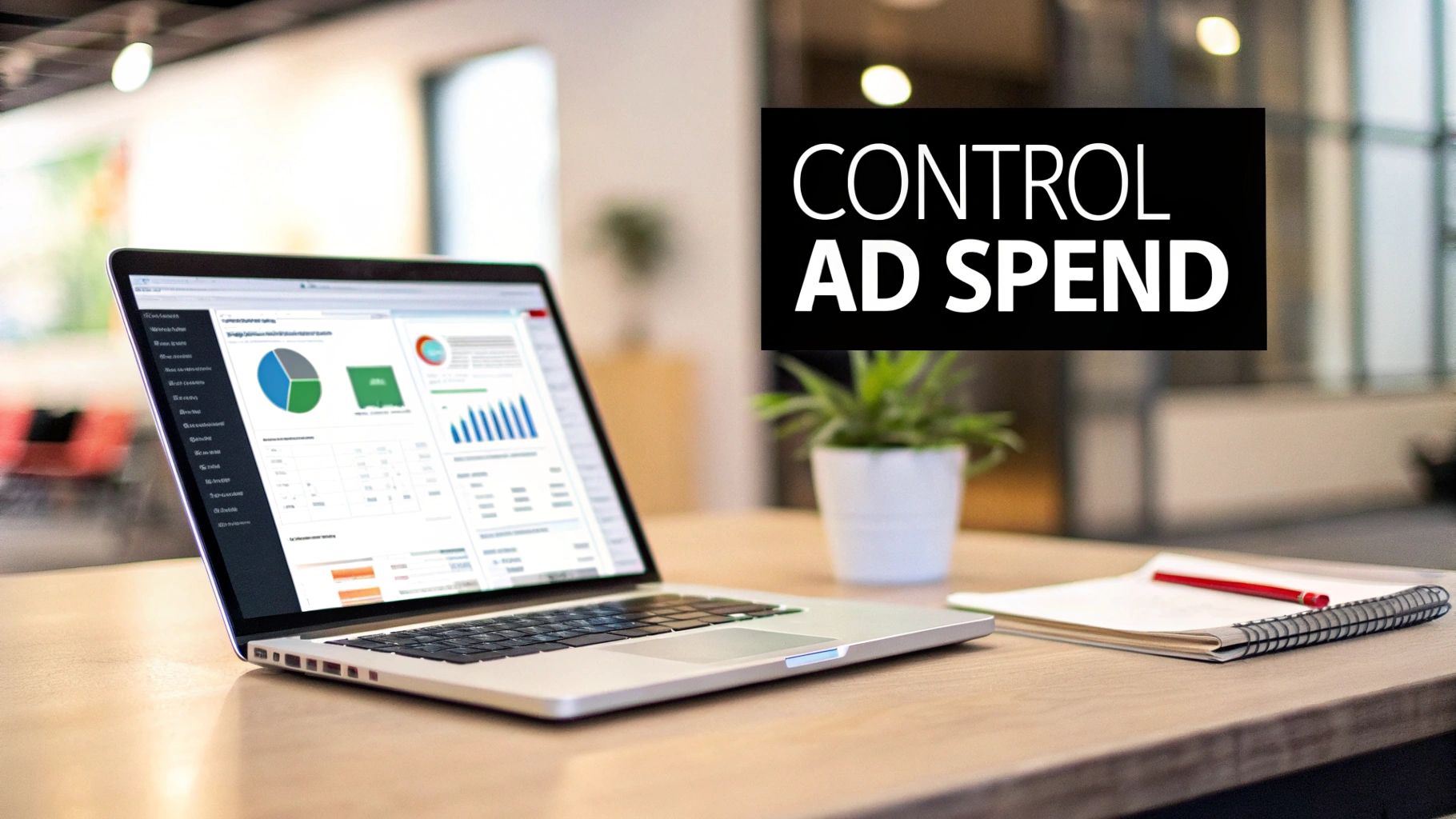 Laptop displaying an ad spend analytics dashboard with charts, text 'CONTROL AD SPEND' in an office.