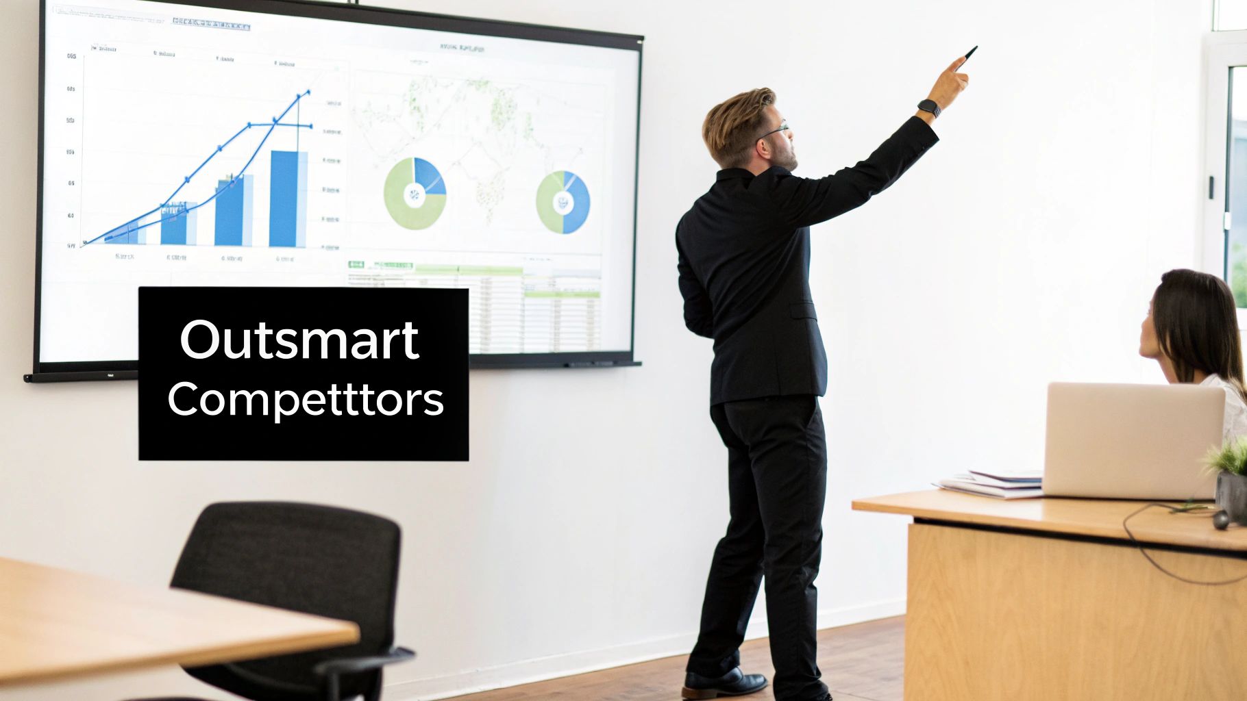 Man in suit points at a presentation screen with business graphs, discussing competitors.