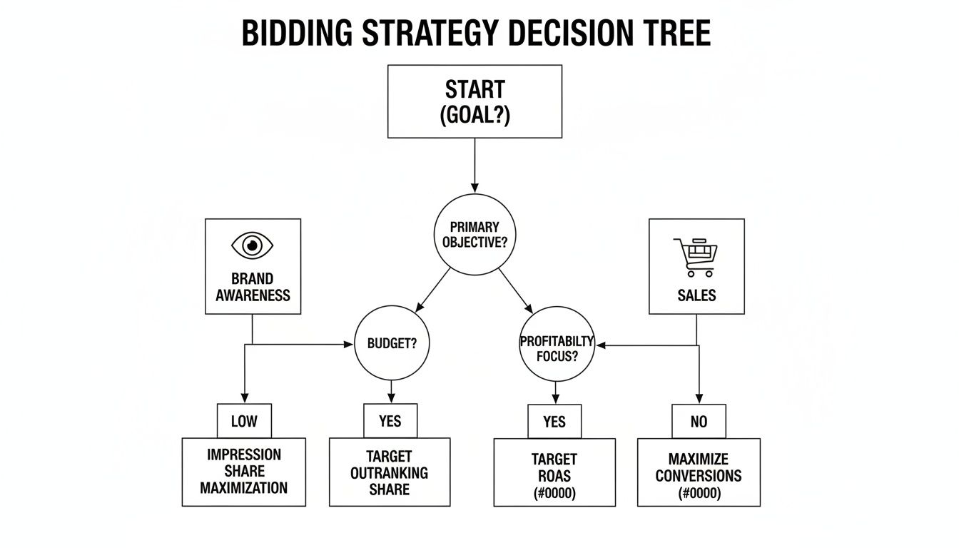 A flowchart illustrates a bidding strategy decision tree, guiding from goal to specific bidding methods.