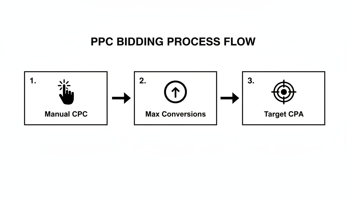 A flow chart illustrating the PPC bidding process with three steps: Manual CPC, Max Conversions, and Target CPA.