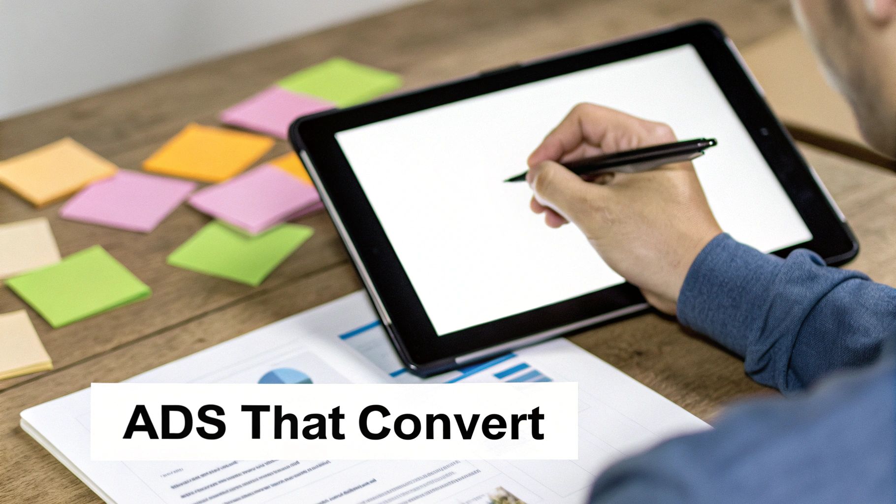 A person uses a stylus on a tablet, surrounded by colorful sticky notes and documents, with text 'ADS That Convert'.