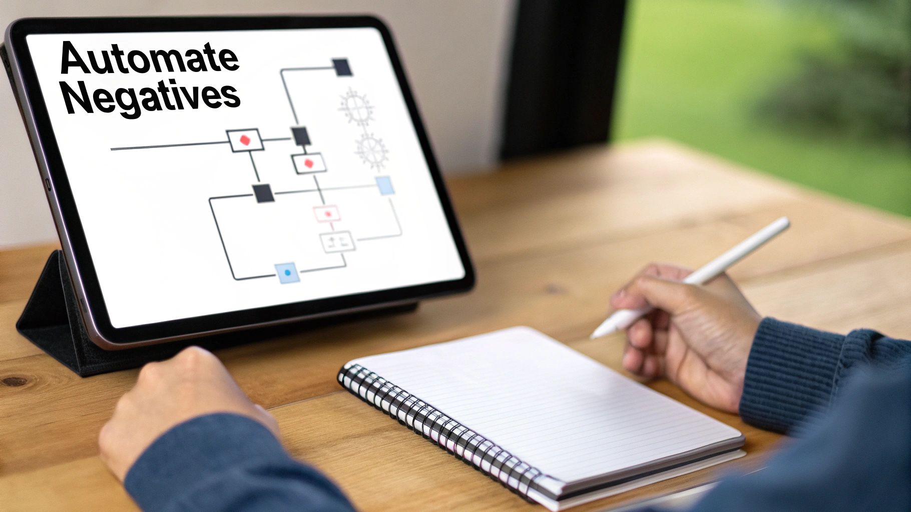 Person reviewing an 'Automate Negatives' flowchart on a tablet with a stylus and notebook.