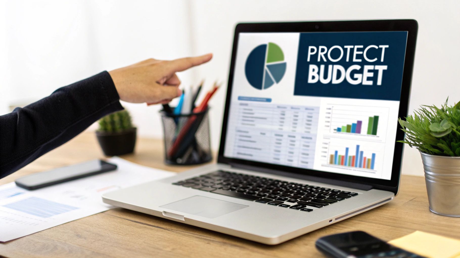 A hand points at a laptop screen displaying a 'PROTECT BUDGET' title, financial charts, and data.