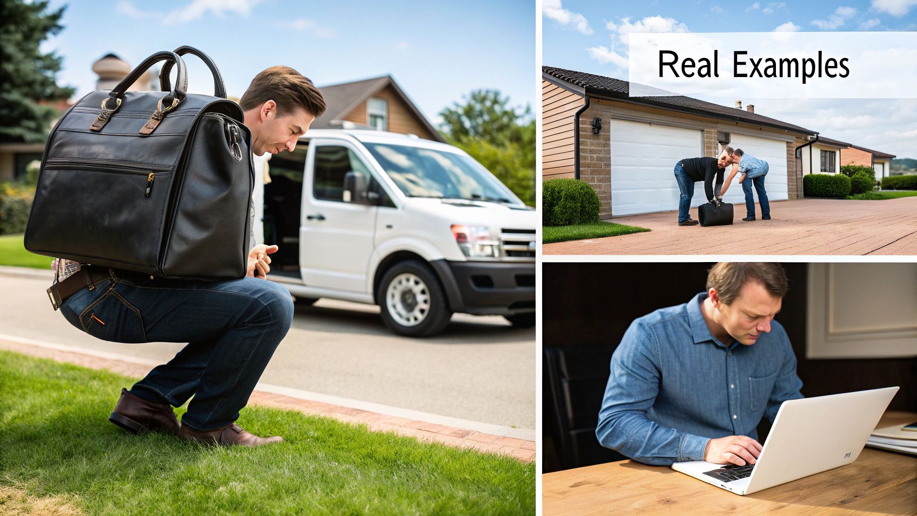 A multi-panel image showing men handling a large black bag and a man working on a laptop.