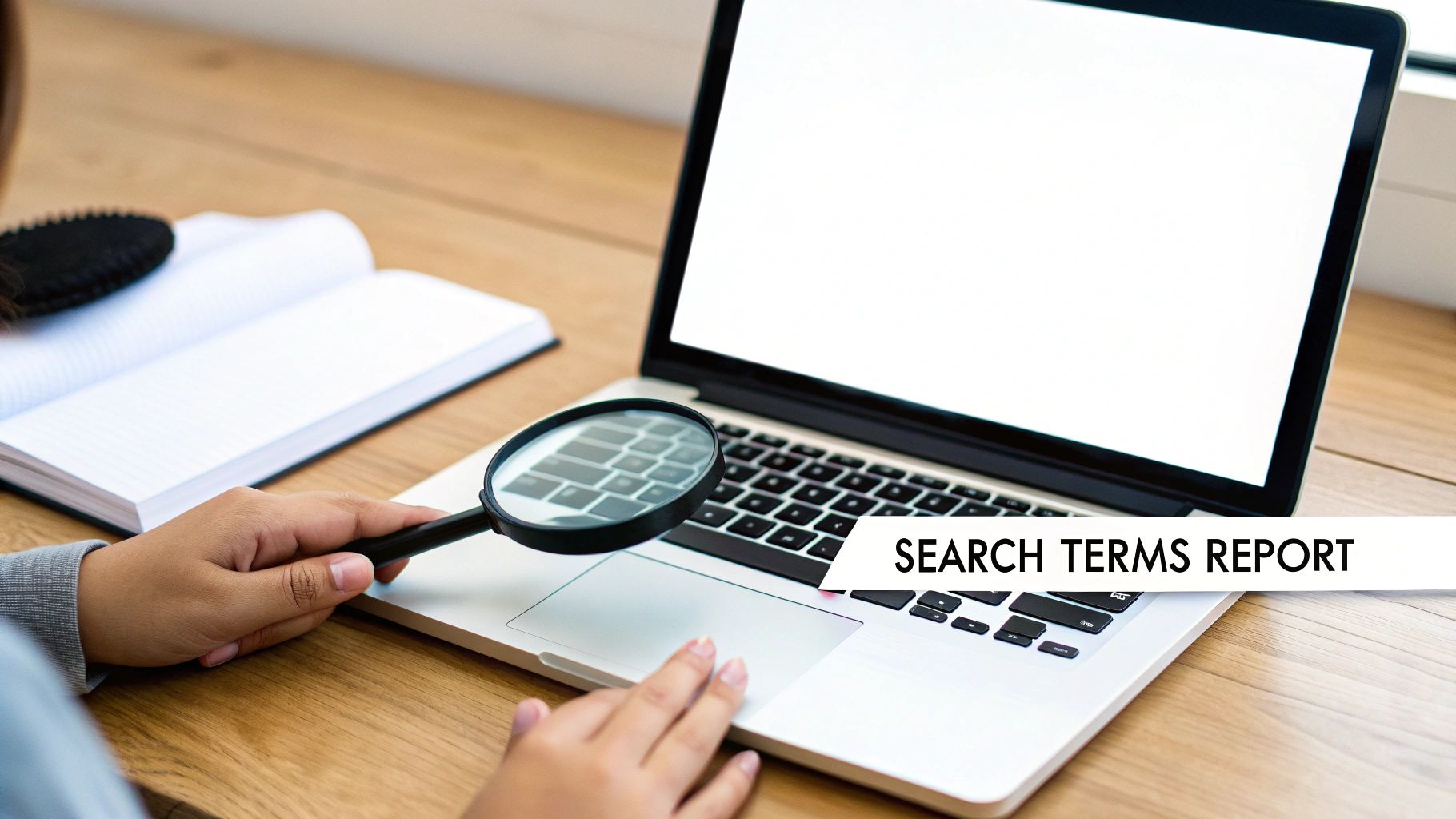Person examining a laptop keyboard with a magnifying glass, showing a 'SEARCH TERMS REPORT' banner.