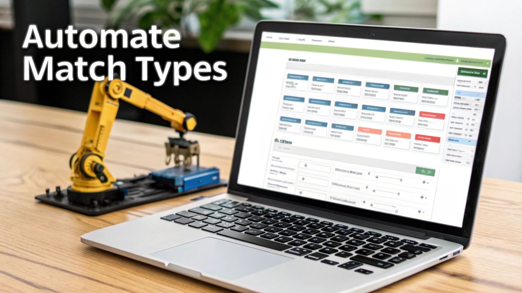 A laptop displaying data matching software with a robotic arm model, illustrating automation of match types.