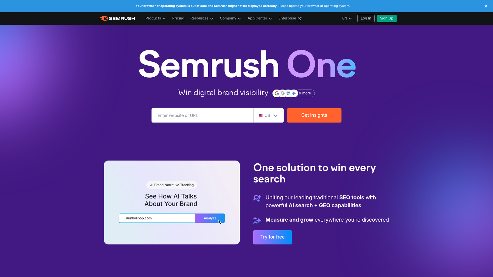 Screenshot of SEMrush website homepage