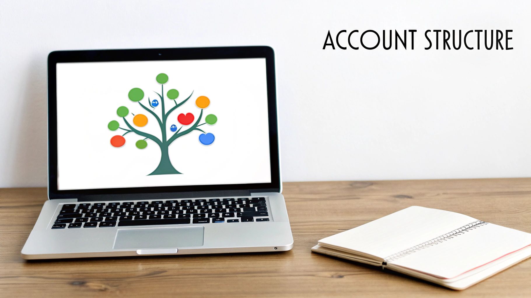 Laptop displaying a colorful tree diagram, a notebook, and 'ACCOUNT STRUCTURE' text on a wall.