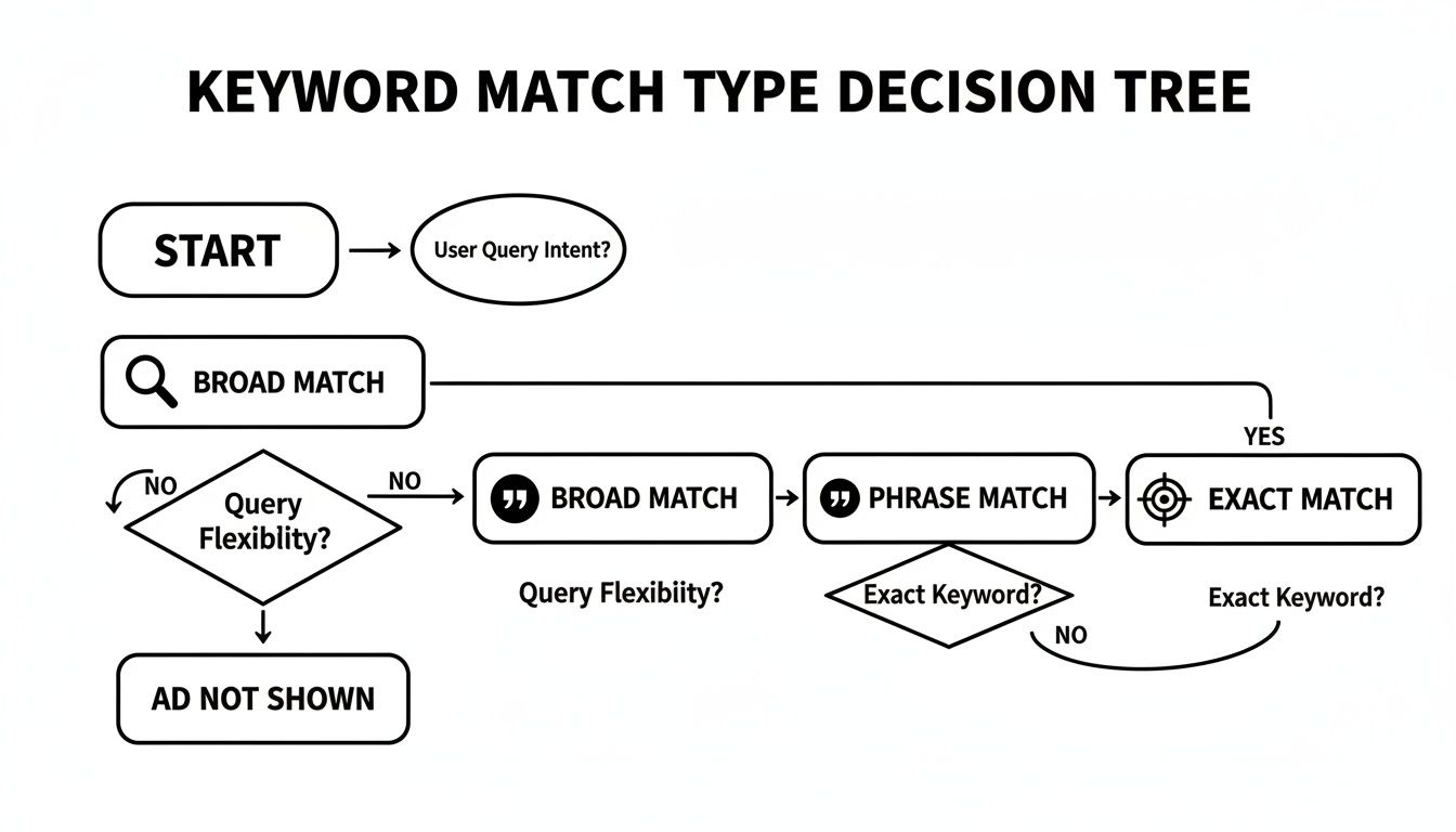 Flowchart illustrating a keyword match type decision tree, guiding selection between Broad, Phrase, and Exact Match based on user query intent and flexibility.