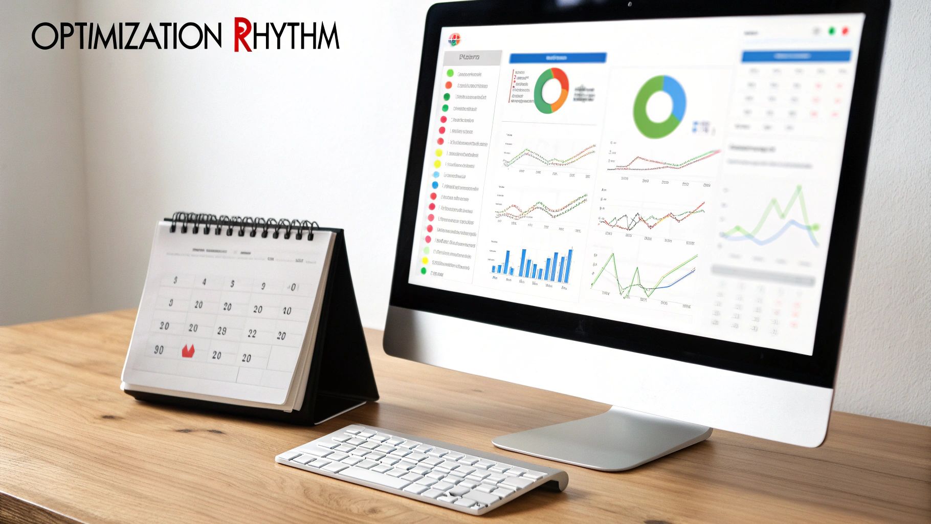 A desk with a computer displaying business analytics, a calendar, and a keyboard, for optimization.