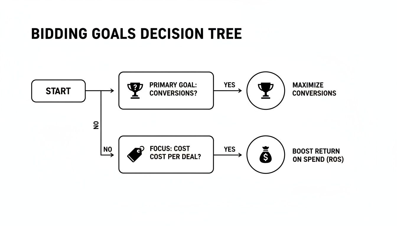 A decision tree diagram for PPC bidding goals, guiding users to maximize conversions or boost return on spend.