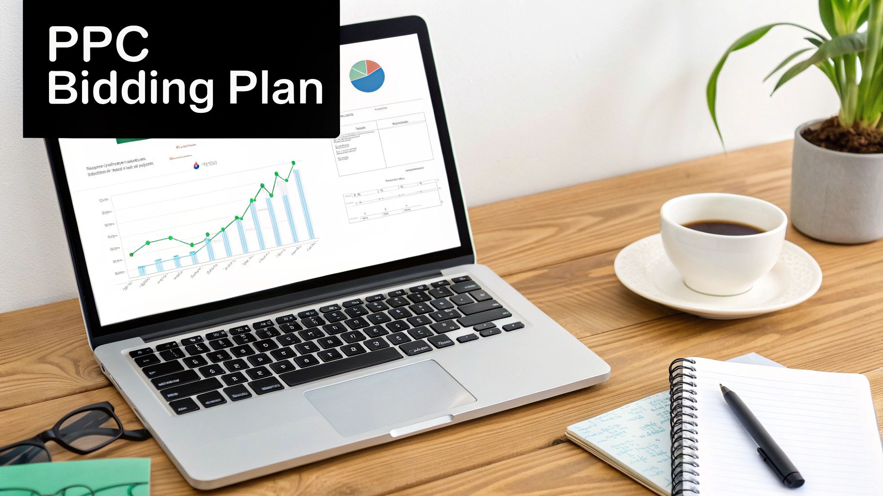 A laptop displaying a 'PPC Bidding Plan' on a wooden desk with coffee, a plant, and a notebook.
