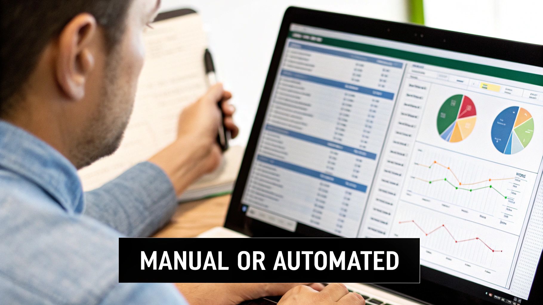 A person reviewing business data and analytics on a laptop screen with graphs and charts.