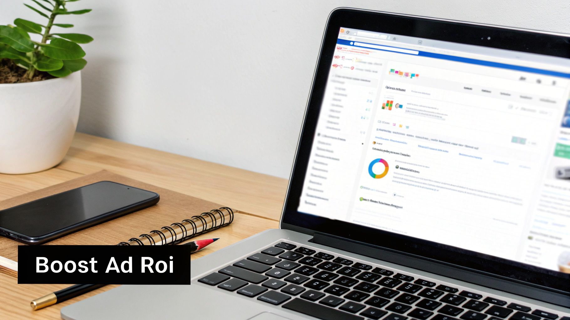 A laptop displays an analytics dashboard next to a phone and notebook, with 'Boost Ad Roi' text.