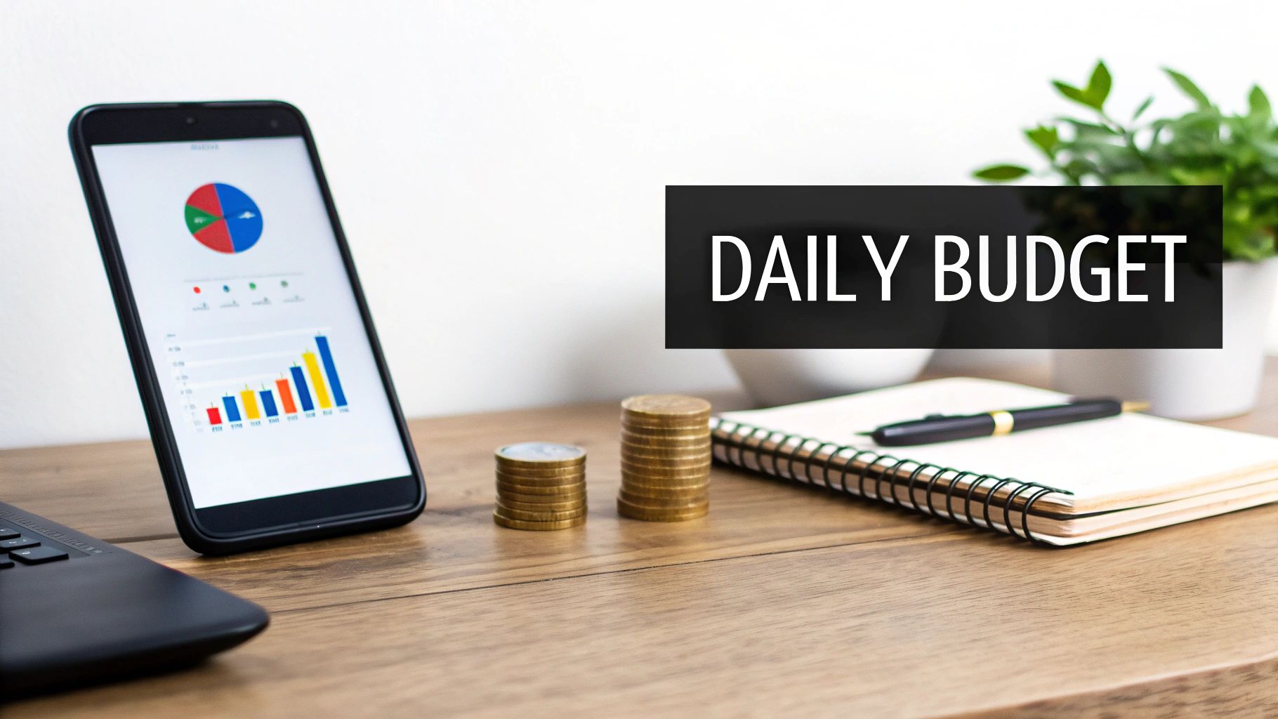 Desk setup with smartphone showing budget charts, coin stacks, notebook, and a 'DAILY BUDGET' banner.