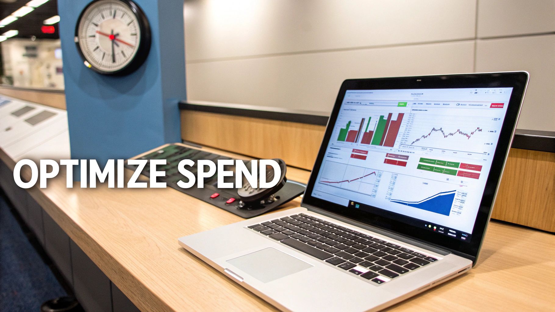 A laptop on a wooden desk displaying financial charts, graphs, and data for spend optimization.