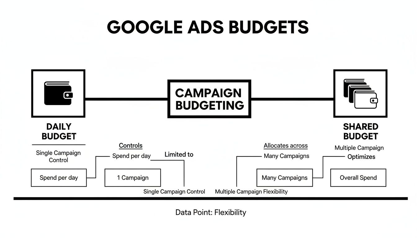Diagram illustrating Google Ads daily versus shared campaign budgeting for flexibility.