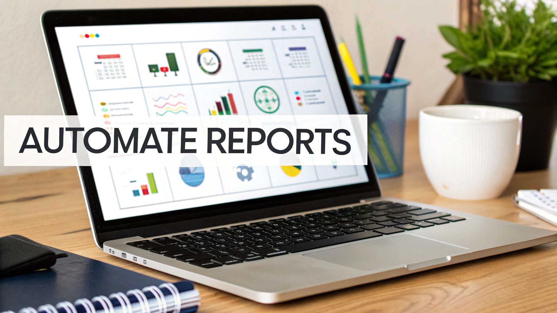 A laptop screen displaying business reports and analytics charts with the text 'AUTOMATE REPORTS'.