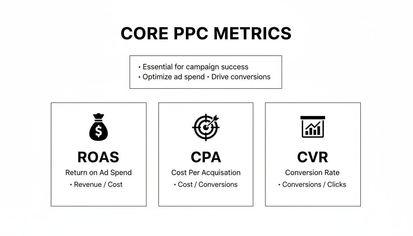 Core PPC metrics infographic displaying ROAS, CPA, and CVR with definitions and calculations for campaign success.