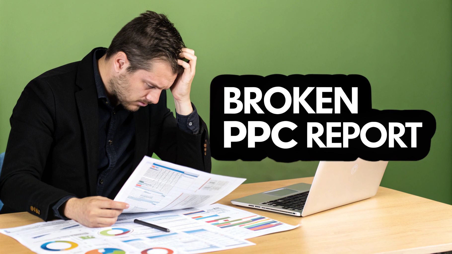Stressed man reviewing a broken PPC report with charts and a laptop on a desk.