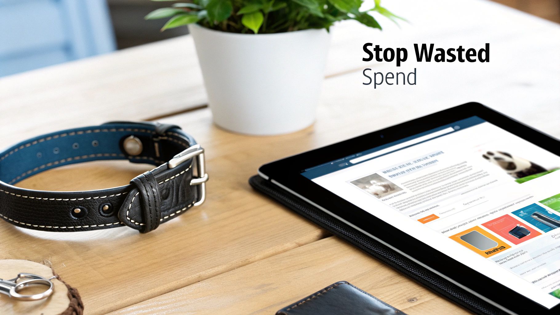 A black leather pet collar, potted plant, and a tablet displaying a webpage with 'Stop Wasted Spend' text.