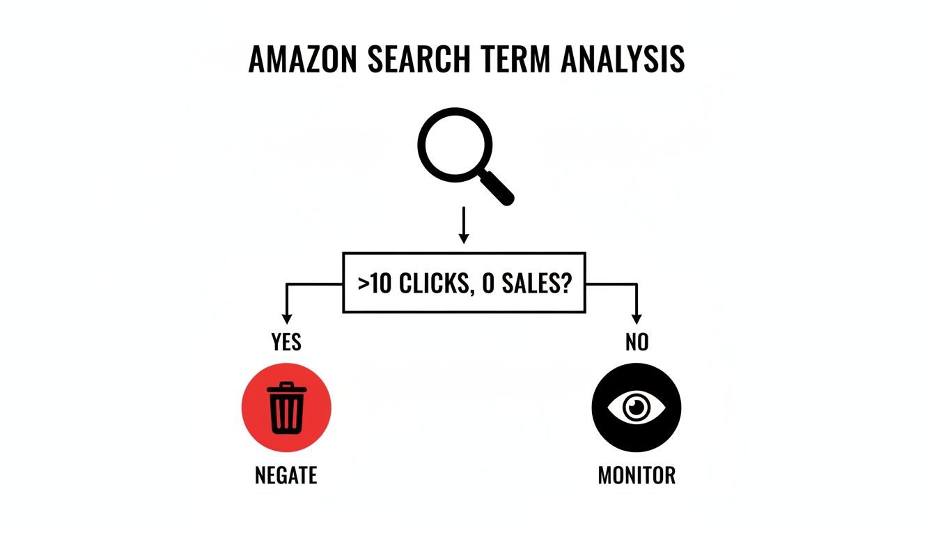 Flowchart showing Amazon search term analysis: negate terms with over 10 clicks and zero sales, otherwise monitor.
