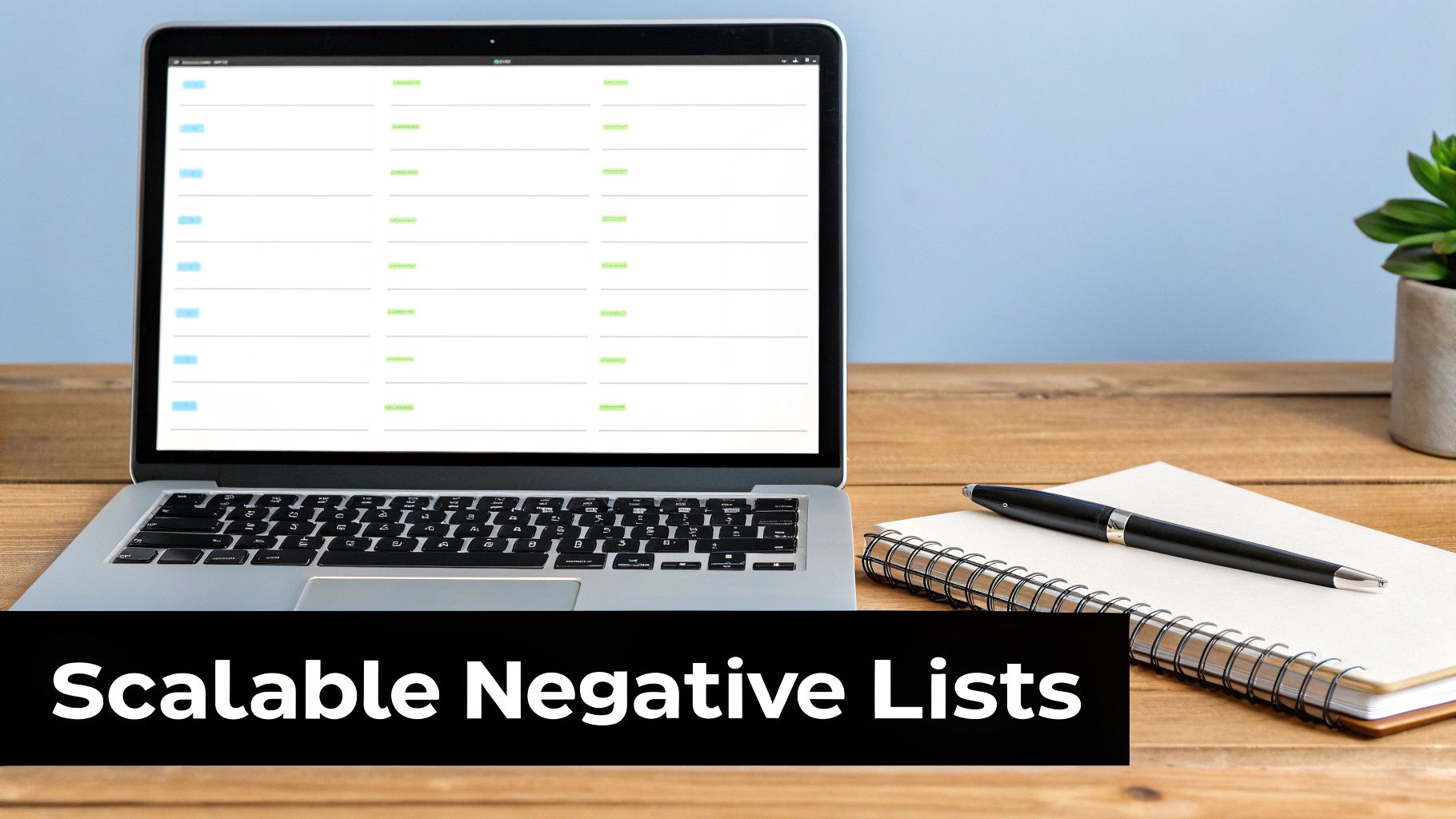 A laptop on a wooden desk displaying a list, next to a notebook, pen, and a plant.
