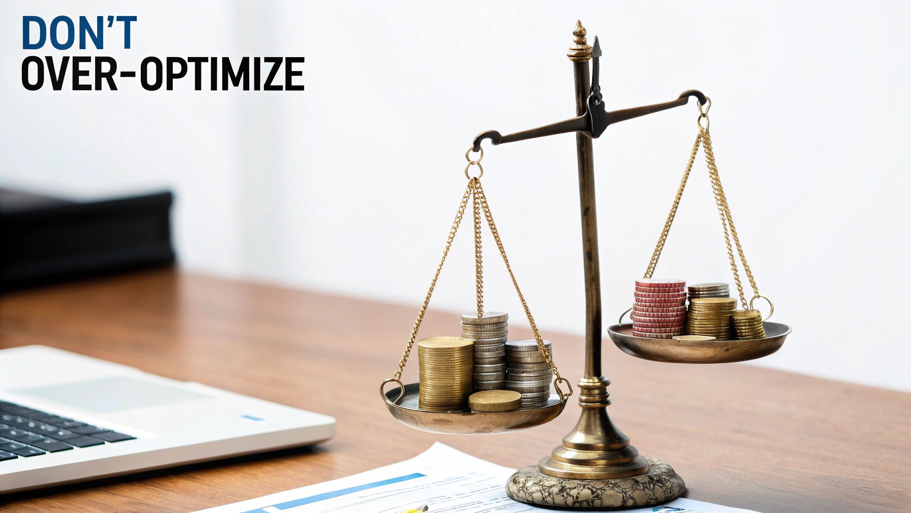 An antique balance scale holds stacks of coins, one side heavier, illustrating the concept of over-optimization.