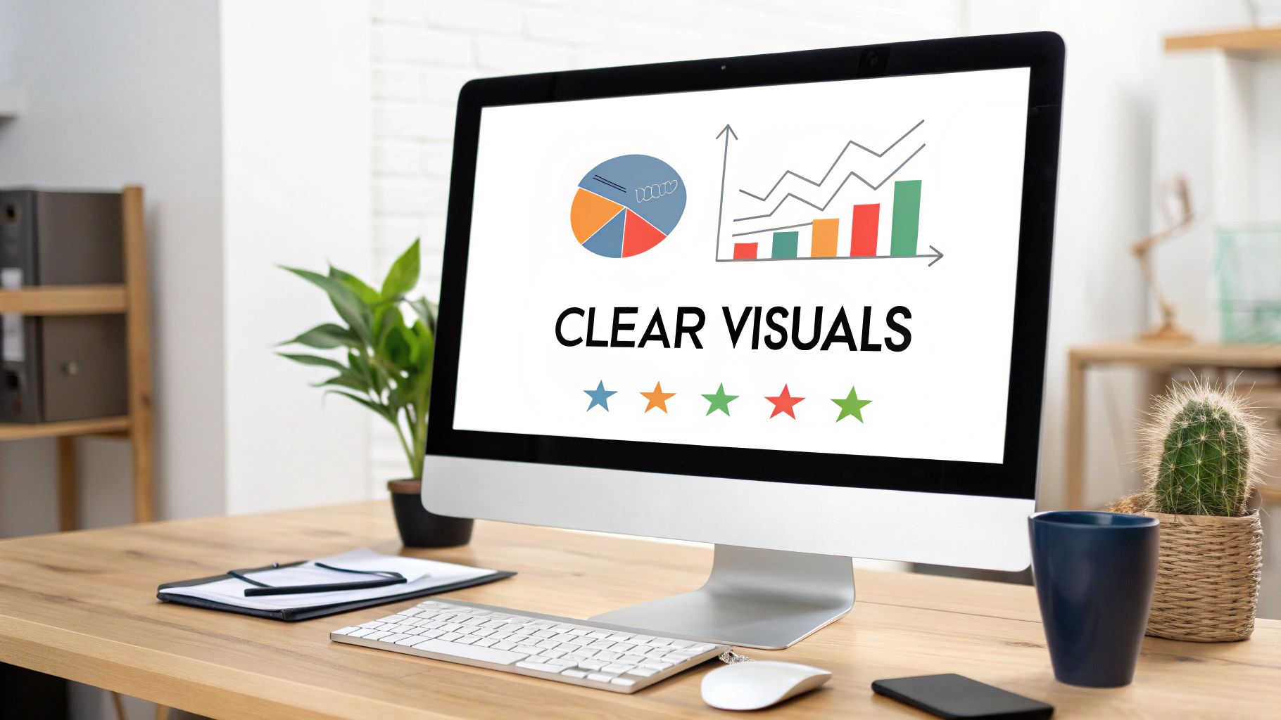 A computer monitor on a wooden desk displays charts and 'CLEAR VISUALS' text, alongside office items.