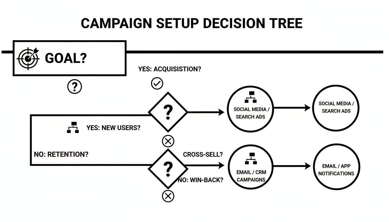 A flowchart outlines campaign setup decisions, guiding users from goal to specific ad channels like social media and email.