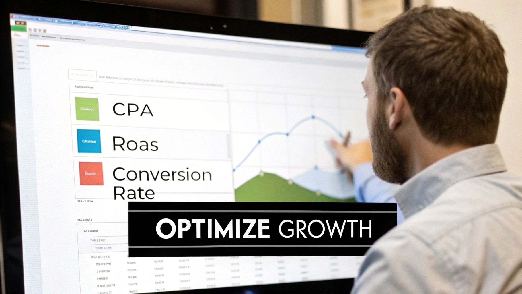 A person analyzes marketing performance data, including CPA, ROAS, and conversion rate, on a computer screen to optimize growth.