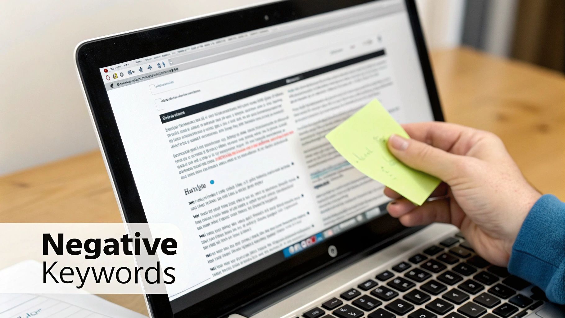 A person's hand holds a green sticky note next to a laptop displaying text, with 'Negative Keywords' overlay.