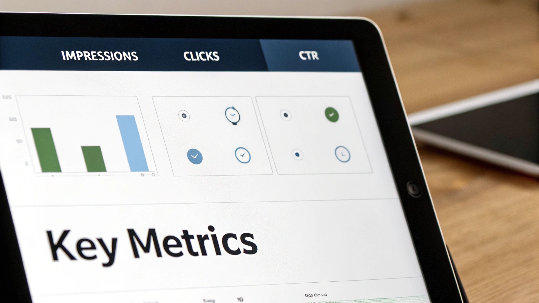 A tablet displaying a digital marketing analytics dashboard with Impressions, Clicks, and CTR data, highlighting key performance metrics.