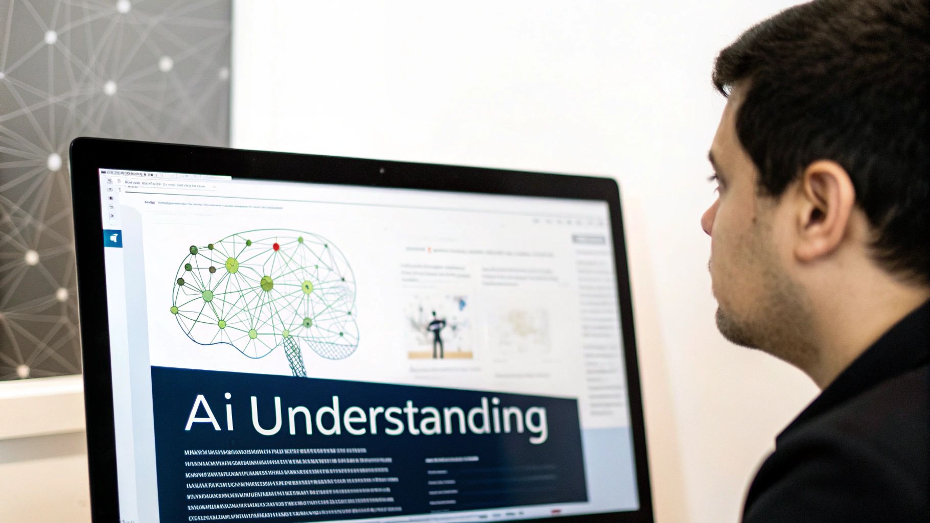 A man views a computer screen displaying an 'AI Understanding' graphic with a network brain.