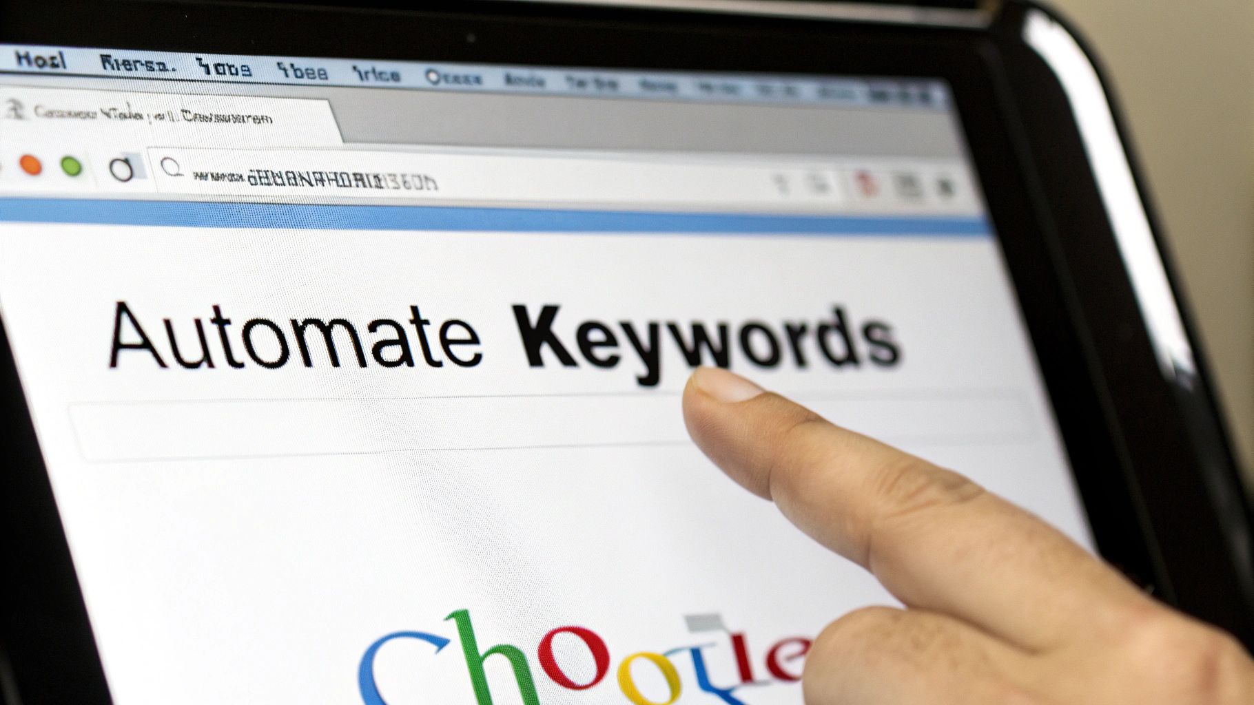 Hand pointing at a tablet screen displaying 'Automate Keywords' in a search engine interface.