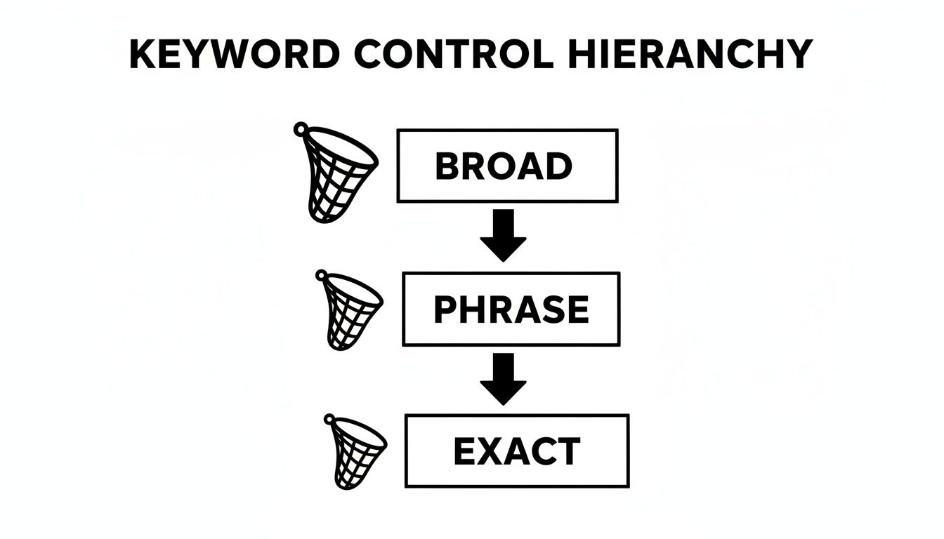 A diagram illustrating the keyword control hierarchy showing broad, phrase, and exact match types with nets.
