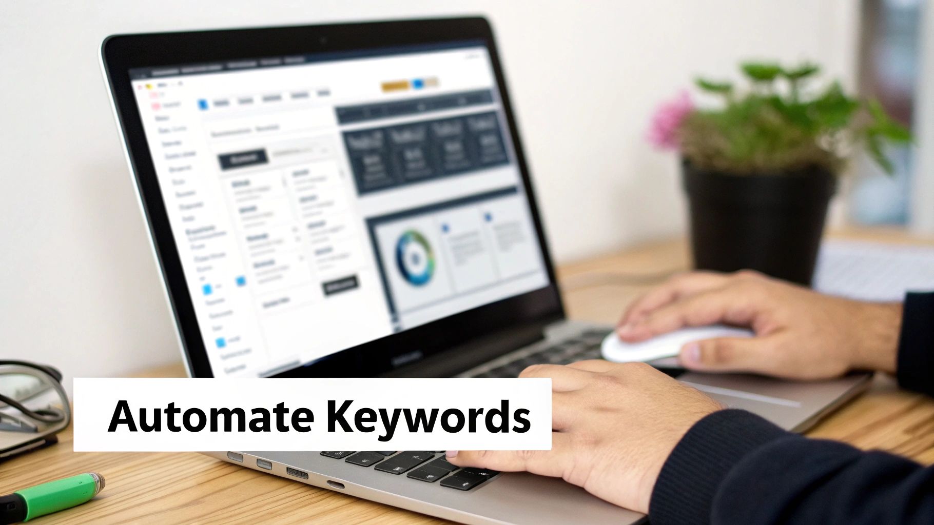 A person works on a laptop showing a dashboard with data and text 'Automate Keywords'.
