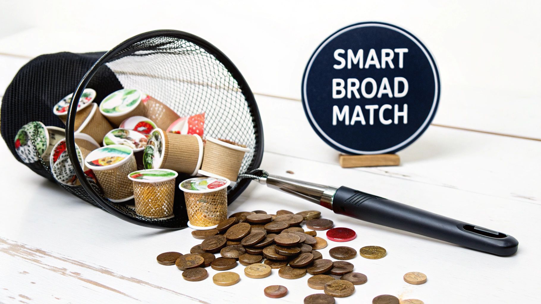Overturned basket of coffee pods, grabber tool, coins, and 'SMART BROAD MATCH' sign on a white table.